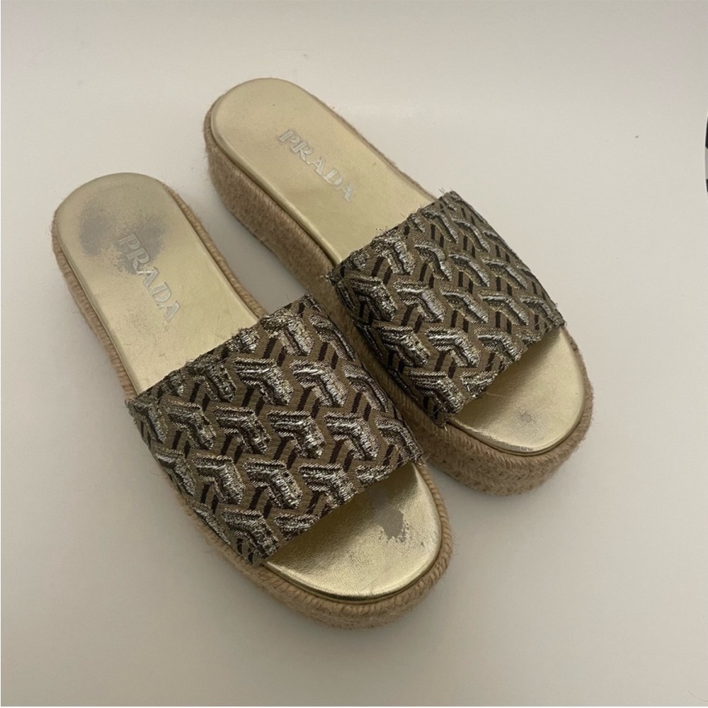 Prada Espadrille Platform Slide Sandals Metallic Womens Size 7.5 Designer - Picture 9 of 15